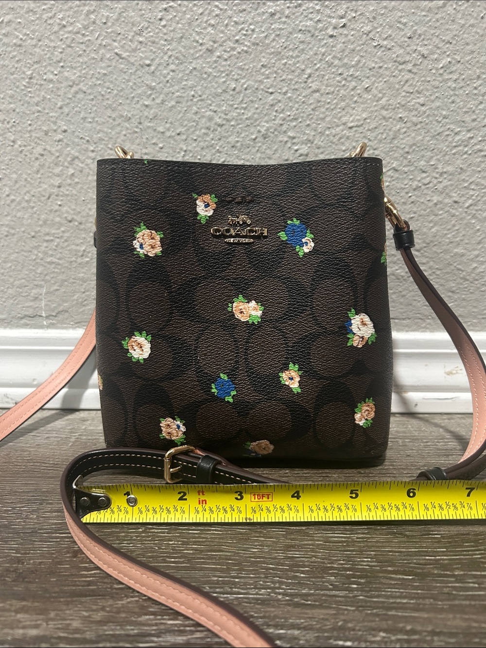 Coach Brown Signature Floral Crossbody with Pink Strap